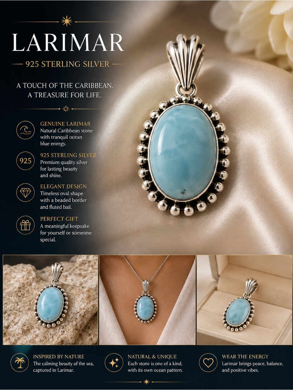 925 Sterling Silver Oval Pendant in Ocean Blue
